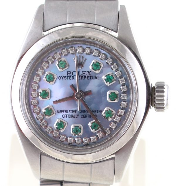 Pre-Owned 1968 Ladies Stainless Oyster Perpetual With Diamond And Emerald Dial And Smooth Bezel Model#6718 Front