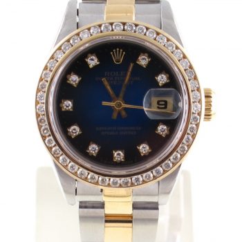 Preowned ladies Rolex Two tone Datejust with Blue diamond dial and diamond bezel Model 69173