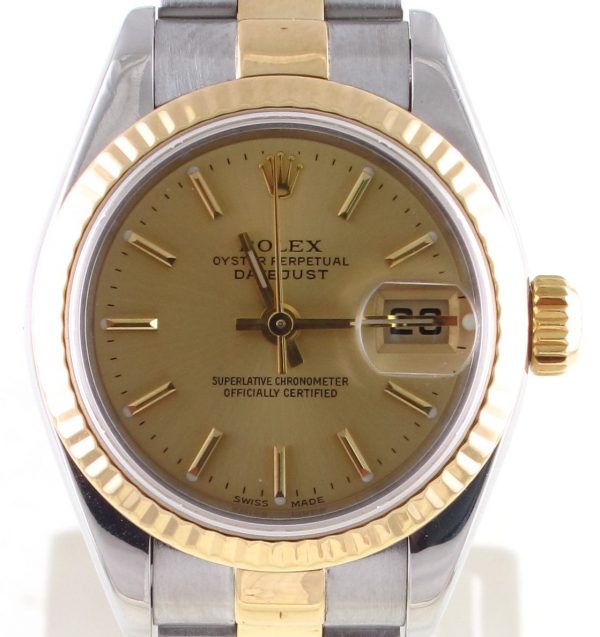 Pre-Owned 2000 Ladies Two Tone Gold Datejust 26MM Watch With Champagne Stick Dial And Fluted Bezel With Oyster Band Model#79173 Front Close