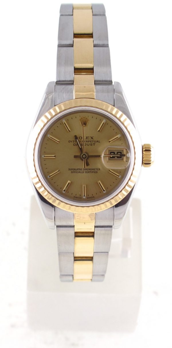 Pre-Owned 2000 Ladies Two Tone Gold Datejust 26MM Watch With Champagne Stick Dial And Fluted Bezel With Oyster Band Model#79173 Front