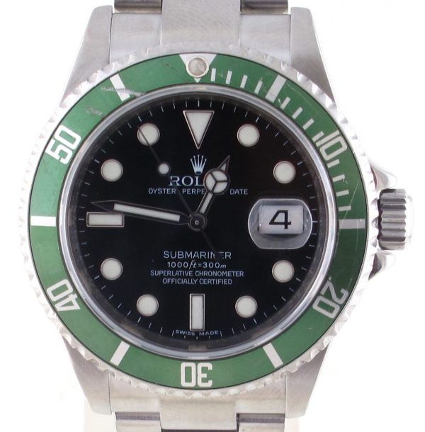 Pre-Owned 2007 Rolex Anniversary Submariner 40MM Watch With Black Maxi Index Dial And Green Bezel (The Kermit) With Oyster Band Model# 16610LV Front Close