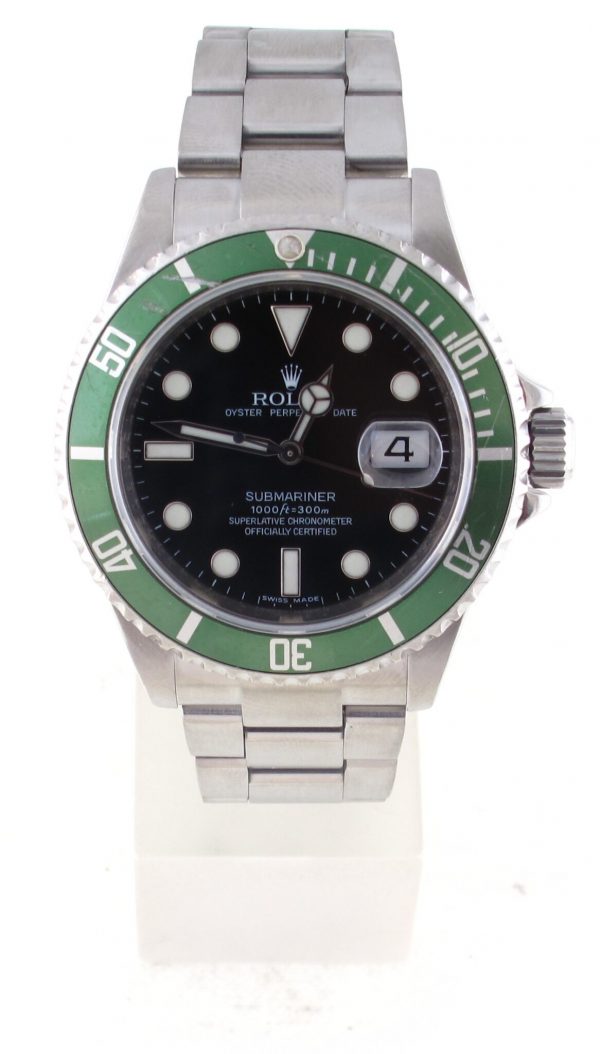 Pre-Owned 2007 Rolex Anniversary Submariner 40MM Watch With Black Maxi Index Dial And Green Bezel (The Kermit) With Oyster Band Model# 16610LV Front