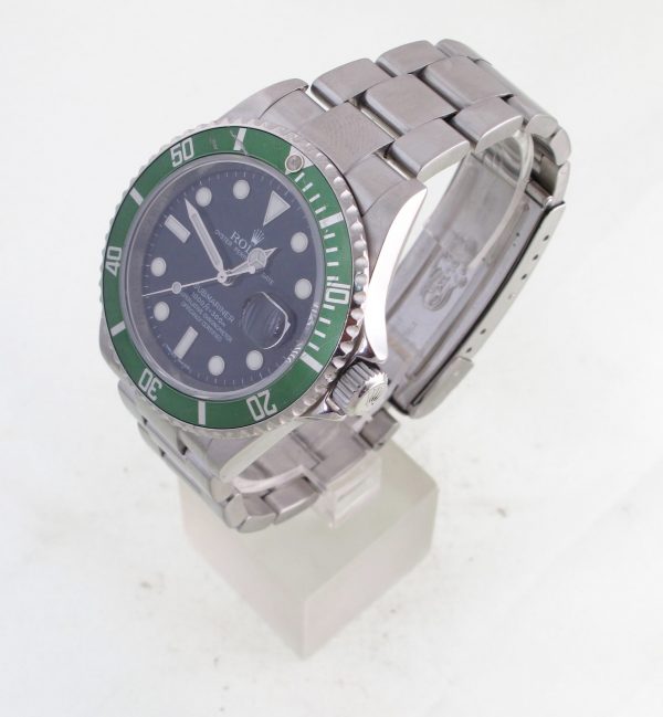 Pre-Owned 2007 Rolex Anniversary Submariner 40MM Watch With Black Maxi Index Dial And Green Bezel (The Kermit) With Oyster Band Model# 16610LV Right