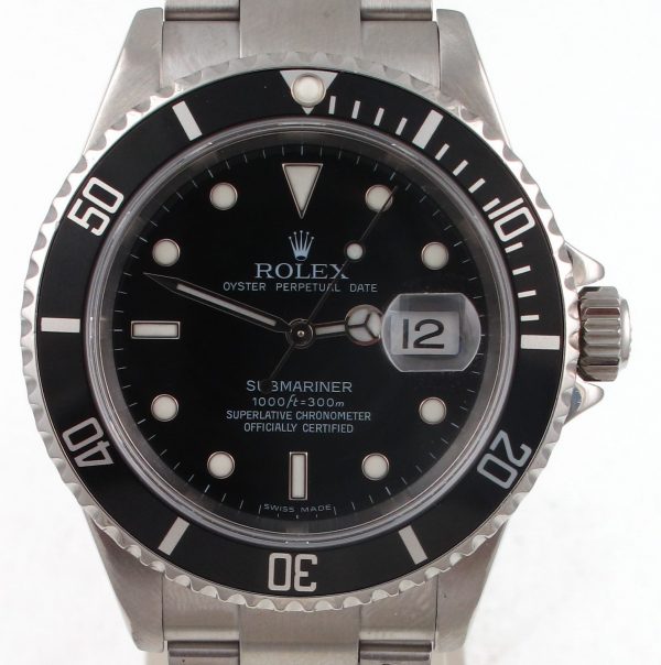 Pre-Owned 2007 Stainless Steel Rolex Submariner 40MM Watch With Black Index Dial And Black Bezel With Oyster Band Model# 16610 FrontPre-Owned Rolex Submariner 2007 Stainless Steel