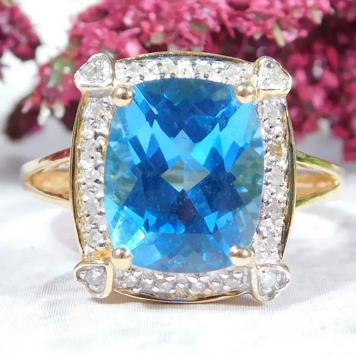 Romantic 5.11ct Blue Topaz and Diamond Ring with flowers in background