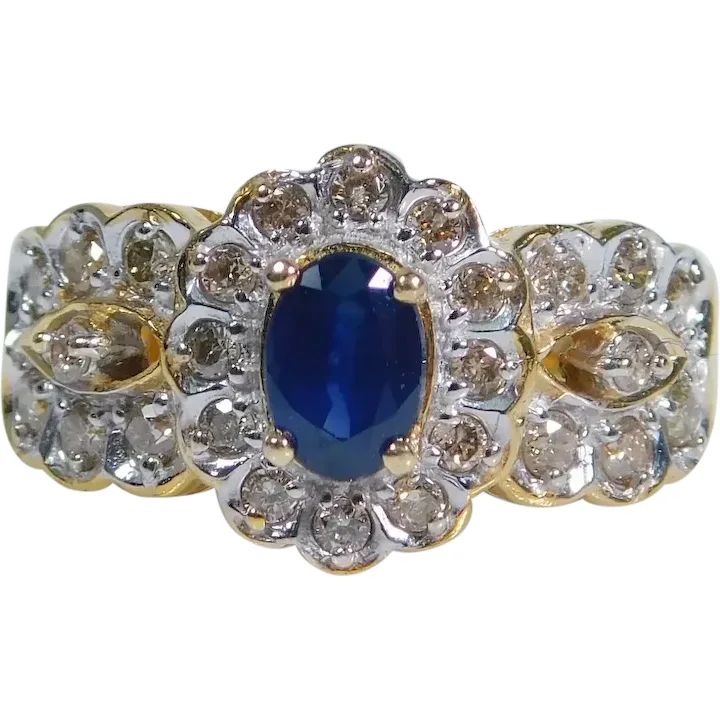 Scalloped 1.00ctw Sapphire Ring 14K Two Tone Gold