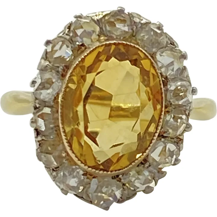 Citrine Ring with Rose Cut Diamond Halo Accents 14K Gold and Platinum