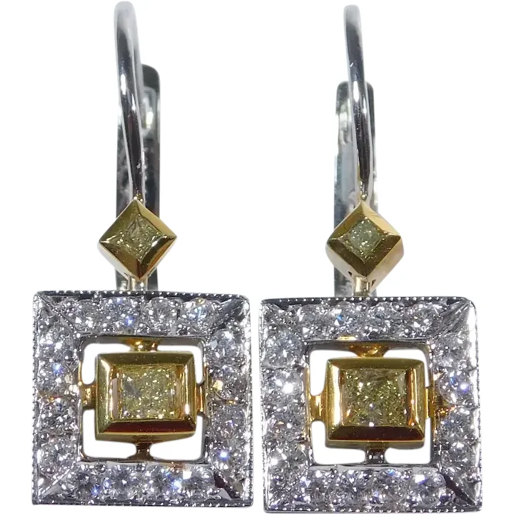 Sophisticated 1ctw Yellow & White Diamond Drop Earrings 18K Gold