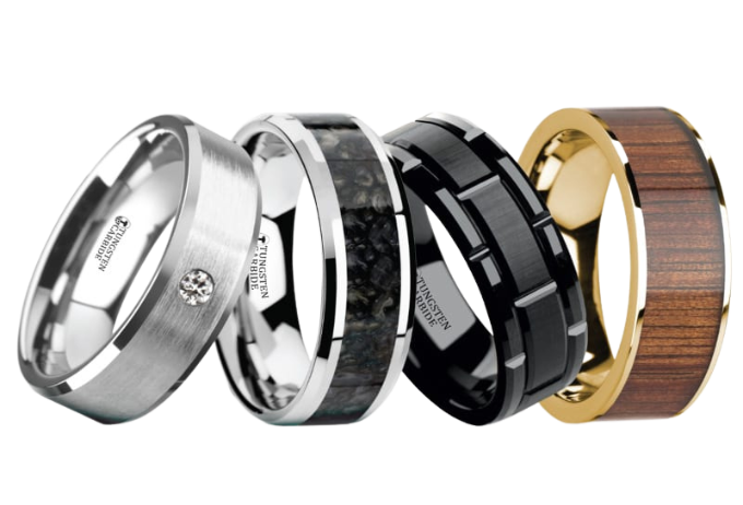 white gold with diamond mens band leaning on meteorite mens band, leaning on black mens band, leaning on wood grain and yellow gold mens tungsten band