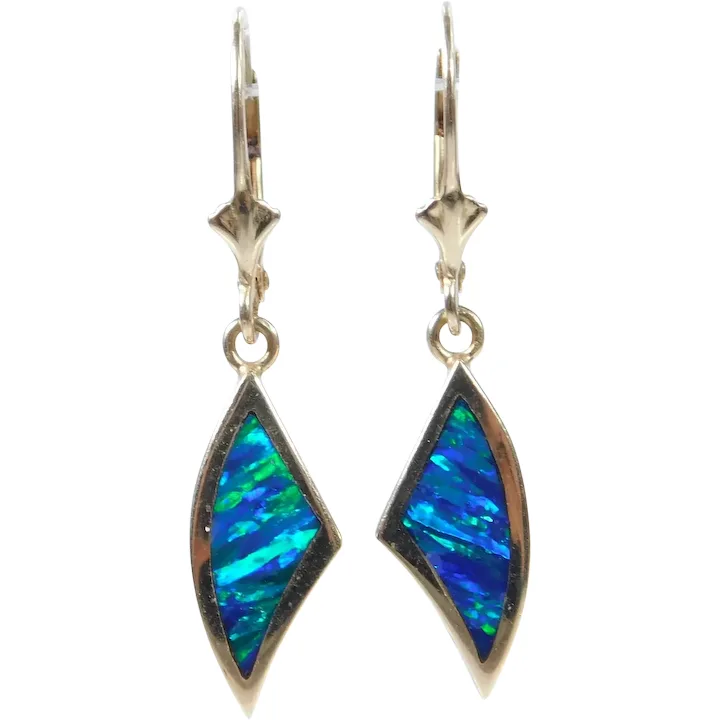 Opal Inlay Dangle Earrings 14K Gold