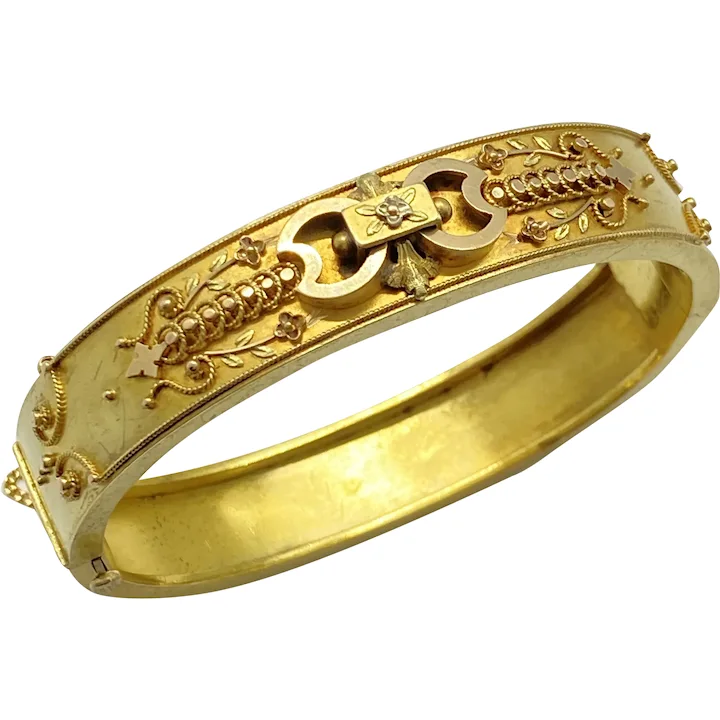 Victorian Era Bangle Bracelet 14K Gold Ornate Applied Designs