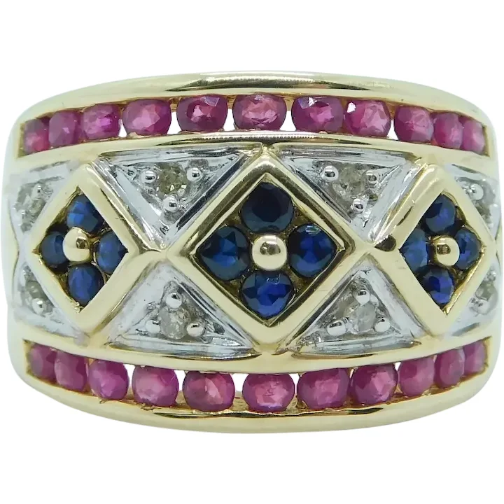 Vintage .98ctw Ruby Diamond and Sapphire Band Ring 14K Gold