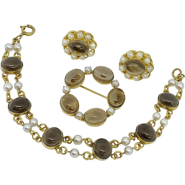 Vintage Parure Set, Bracelet, Brooch, Earrings – Cabochon Smoky Quartz & Cultured Pearl