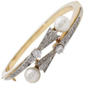 1.54ctw Diamond & Pearl Bypass Retro Bangle 14K White & Yellow Gold Front