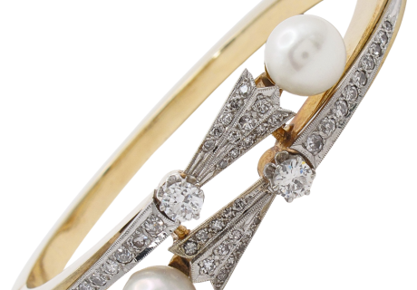 1.54ctw Diamond & Pearl Bypass Retro Bangle 14K White & Yellow Gold Front