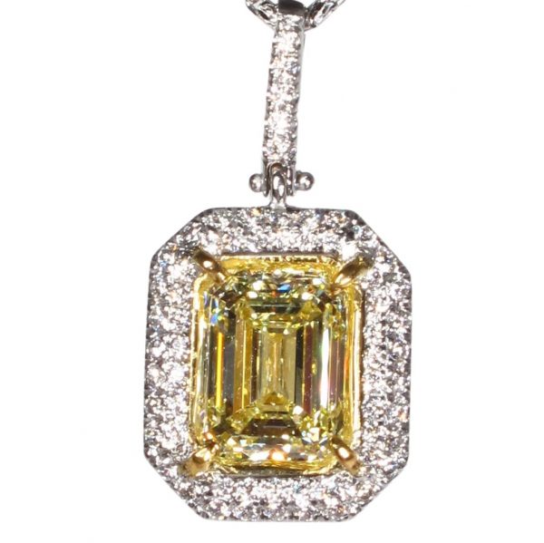 3 carat Natural Yellow Diamond Halo Necklace Front