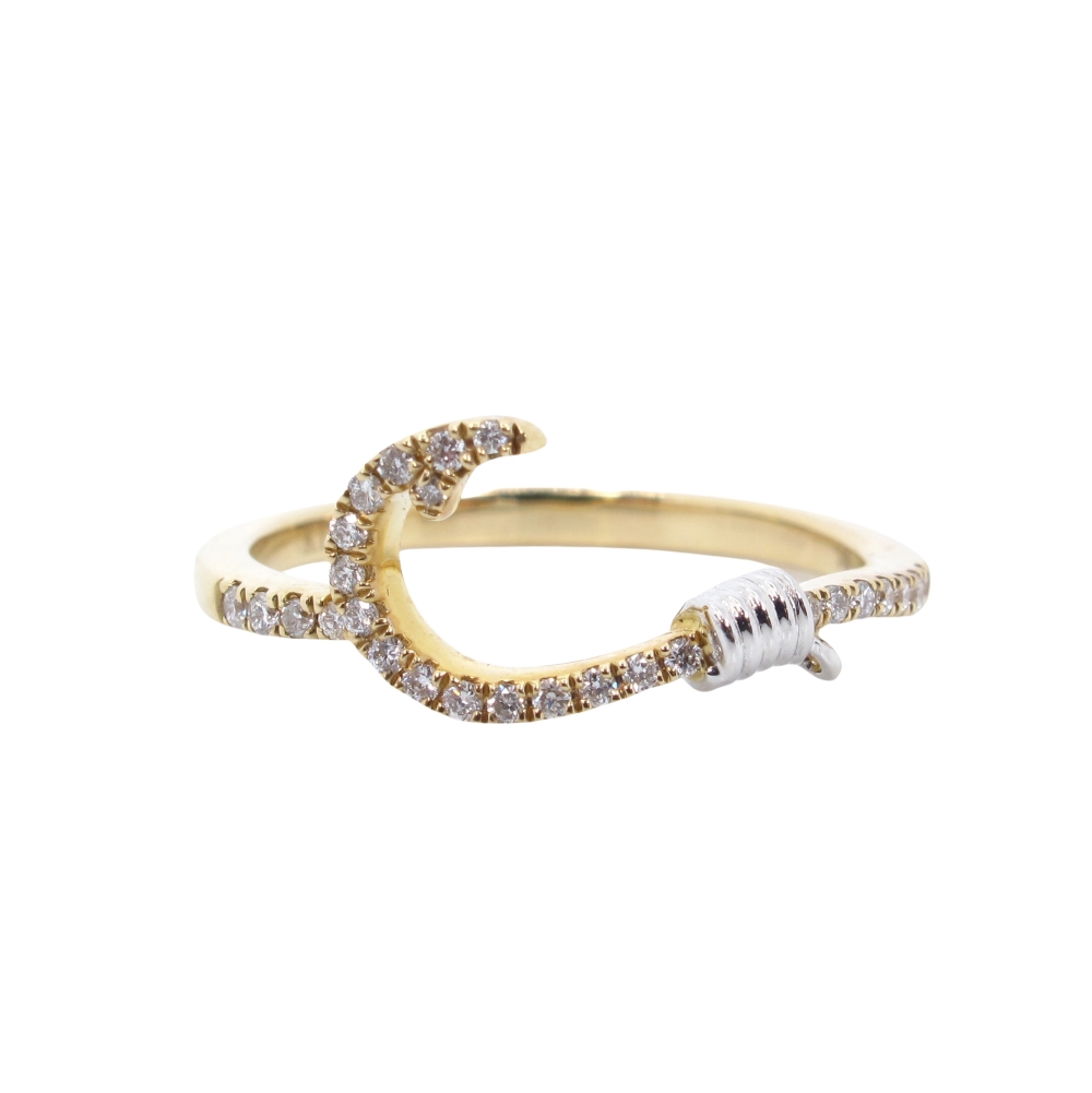 Diamond J Hook Ring Nautical Themed 14k Gold