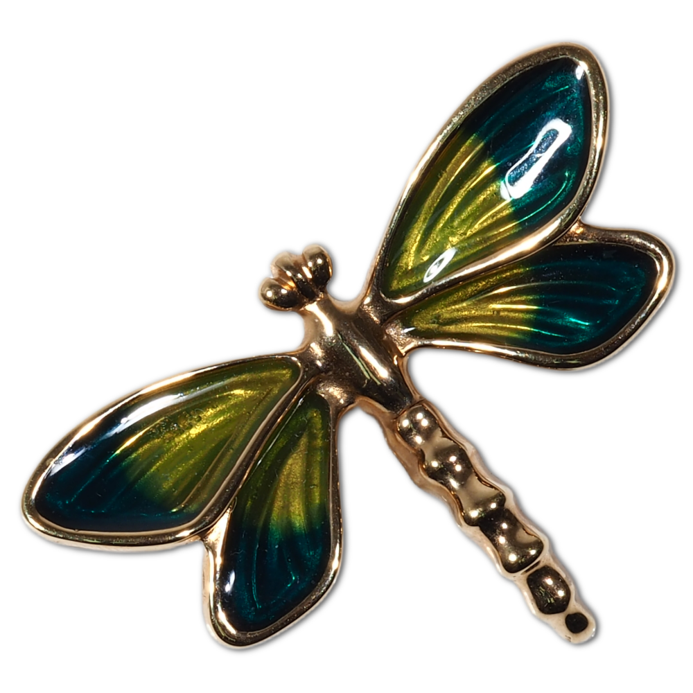 Enameled Dragonfly Brooch in 18K Yellow Gold