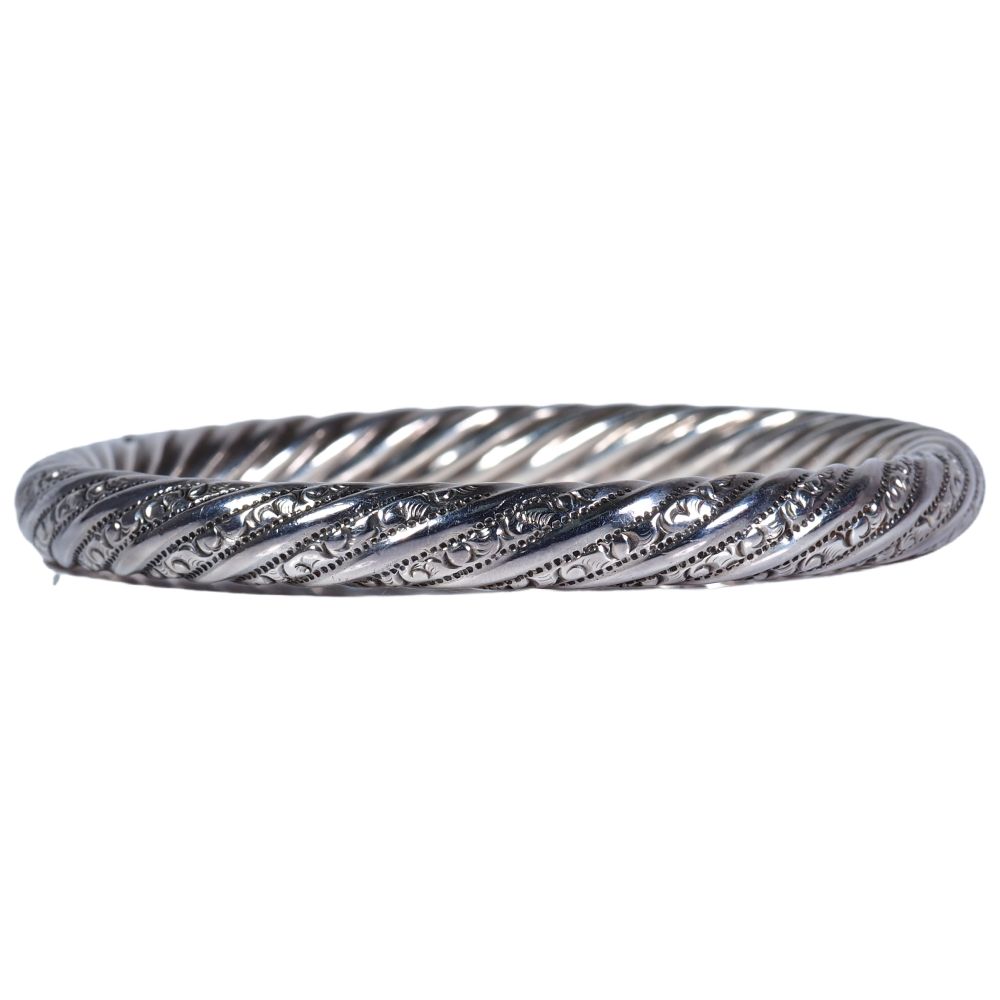 Hand Engraved Edwardian Bangle in Sterling Silver