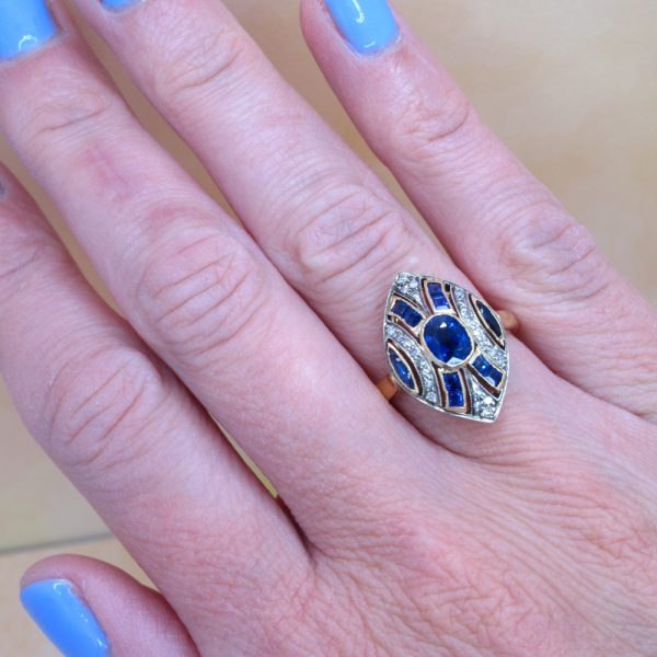 Edwardian Sapphire Diamond Navette Ring Hand