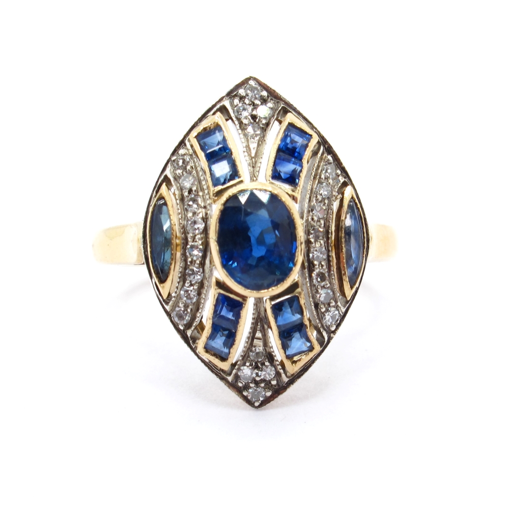 Edwardian 1.80 ctw Sapphire and Diamond Navette Ring 18k Gold