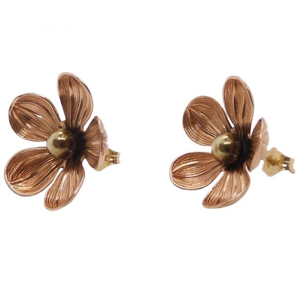 Flower Stud Earrings Two-Tone 14k Rose & Yellow Gold - Side