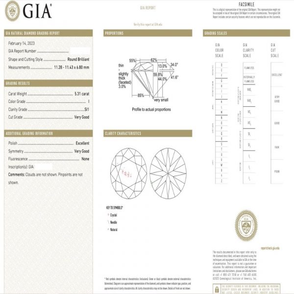 GIA 5 carat Round Diamond Solitaire Engagement Ring Certification