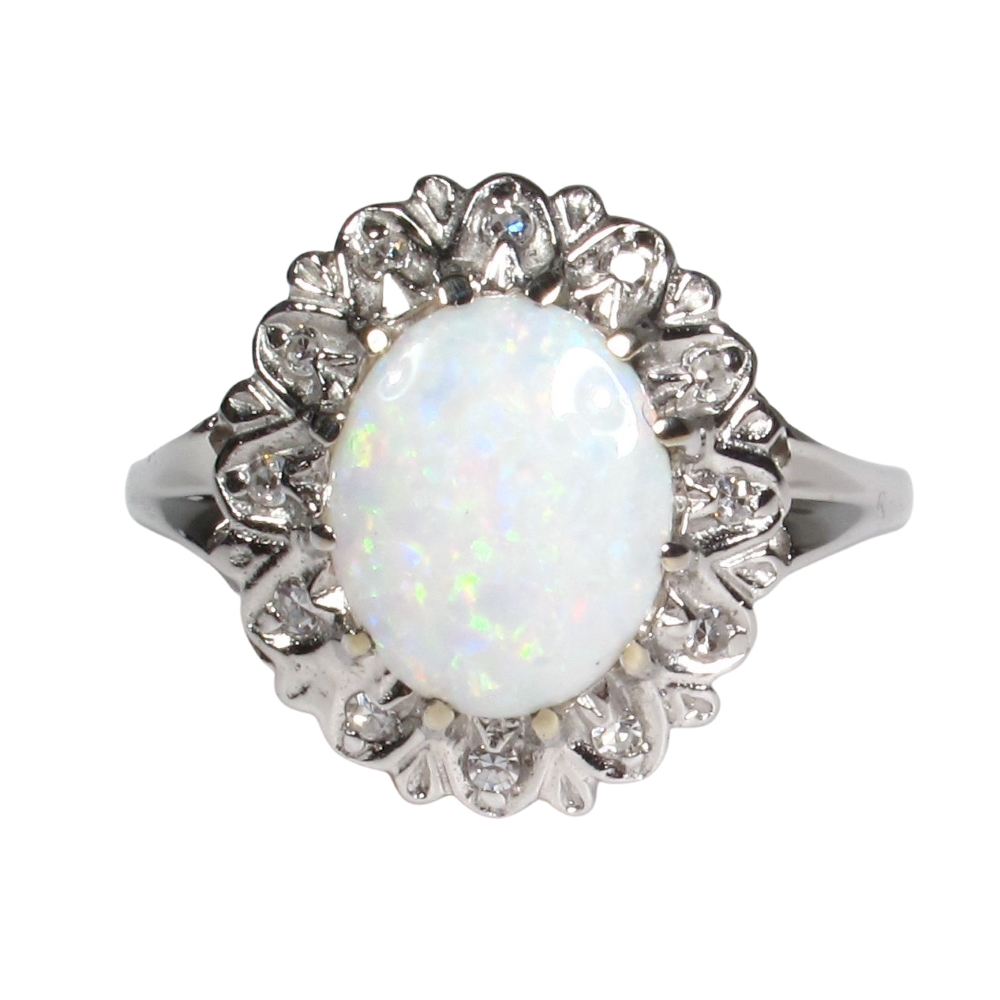 Mid Century 1.25 carat Australian White Opal and Diamond Halo Ring 14k White Gold