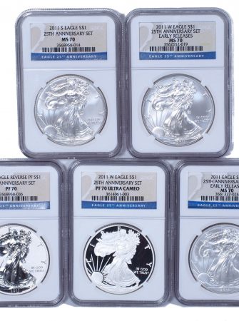 2011 Silver American Eagle 25th Anniversary 5 Coin Set NGC MS70 / PR70