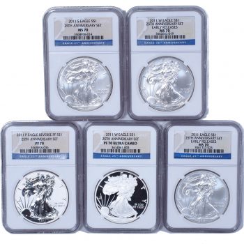 2011 Silver American Eagle 25th Anniversary 5 Coin Set NGC MS70 / PR70