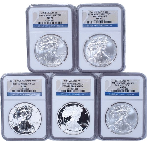 2011 Silver American Eagle 25th Anniversary 5 Coin Set NGC MS70 / PR70