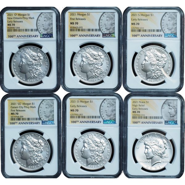 2021 Morgan & Peace Dollar 6 Coin Set MS70 NGC