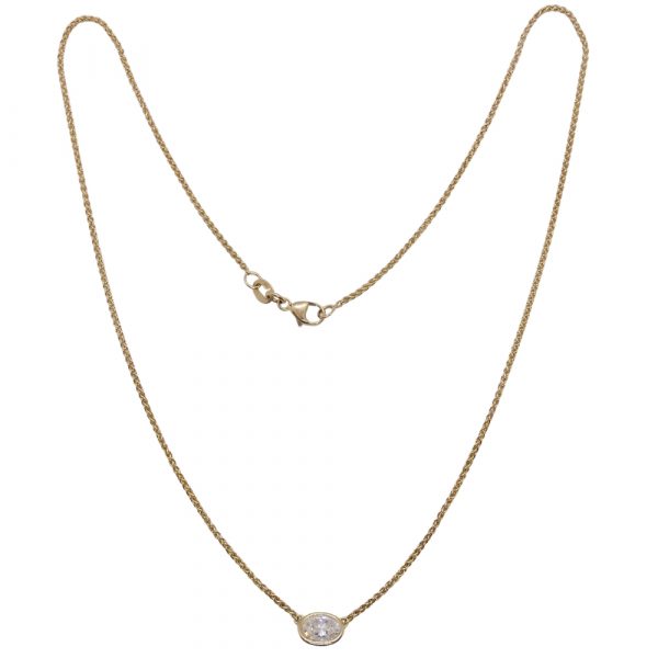 Oval Diamond Solitaire 0.60 ct Stationed Wheat Chain 16" Necklace 14k Yellow Gold Overall