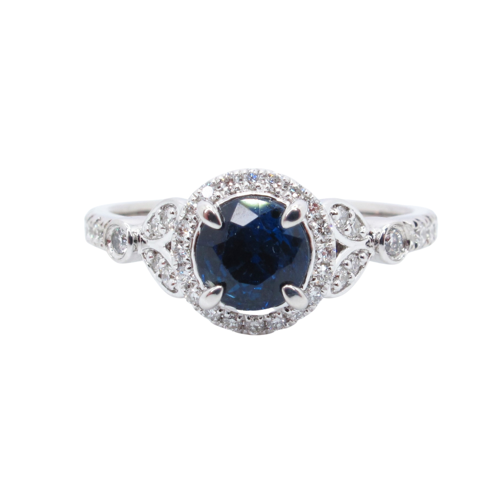 GIA Certified .84 carat Blue Sapphire Diamond Halo Ring 14k White Gold