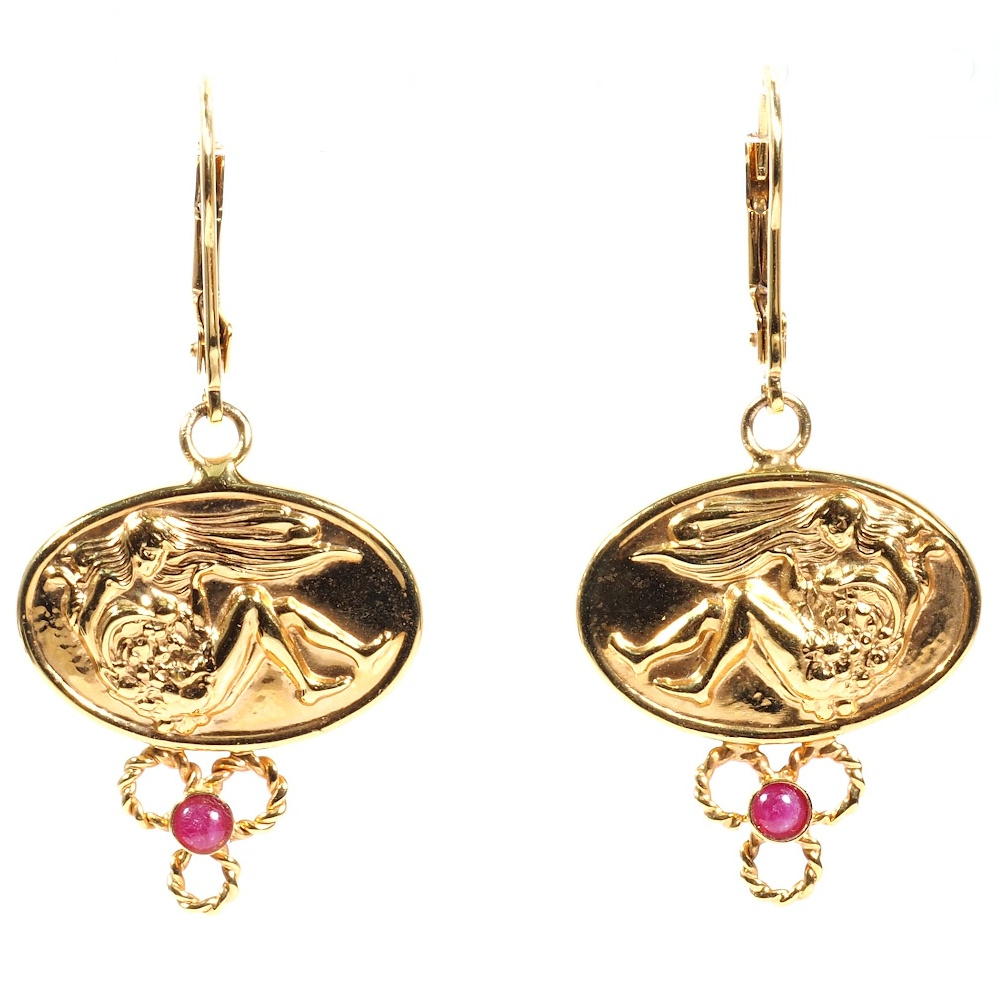 Etruscan Style .36 ctw Ruby Dangle Earrings in 14K Yellow Gold
