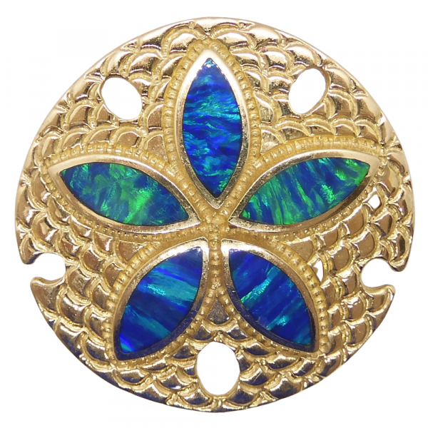 Sand Dollar Blue Opal Inlay Pin Brooch 14k Yellow Gold Front