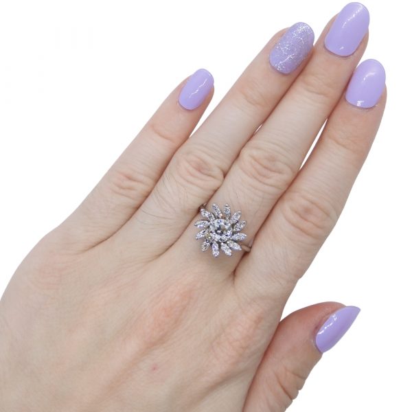 Art Deco 1930's Daisy Flower 0.94 ctw Diamond Halo Engagement Ring 14k White Gold Lifestyle