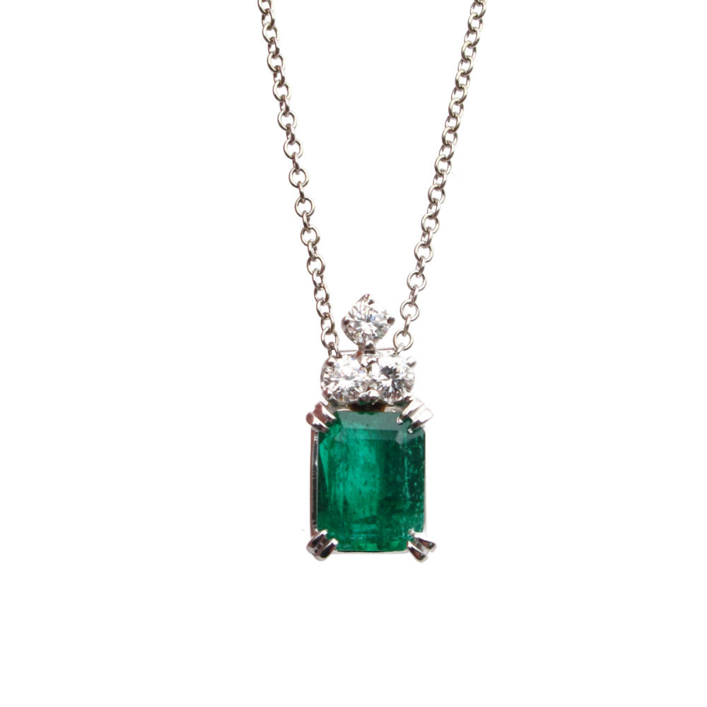 Mid Century Columbian Emerald & Diamond Necklace 1.95 ctw GIA Certified 14k White Gold