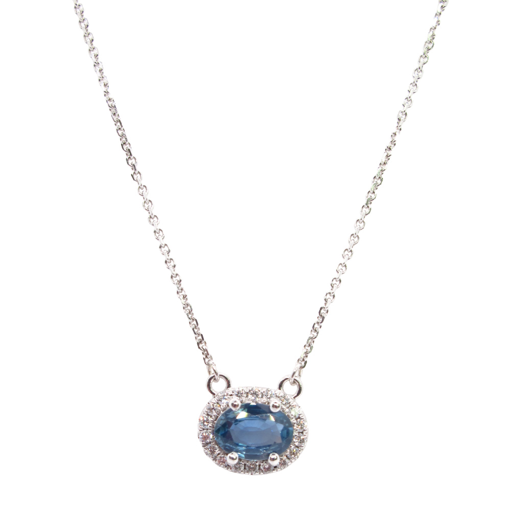 Sapphire and Diamond Halo Pendant Necklace GIA Certified 14k White Gold