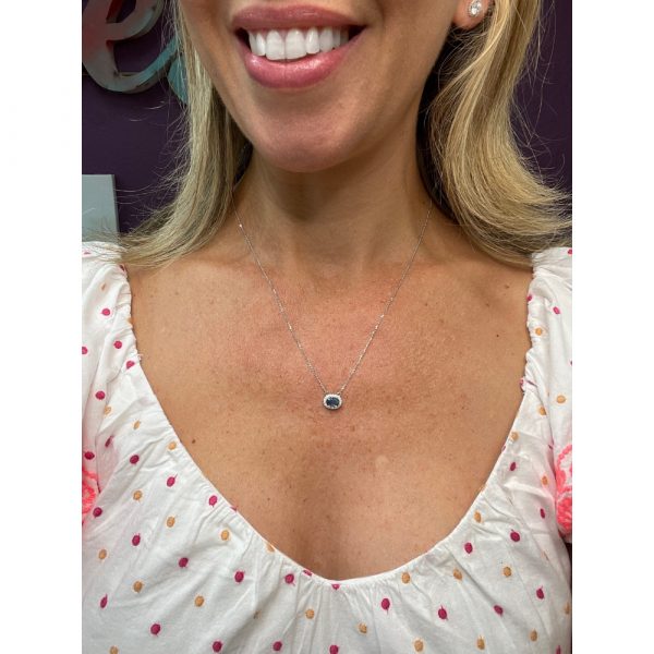 1 carat Sapphire Diamond Halo Necklace Worn