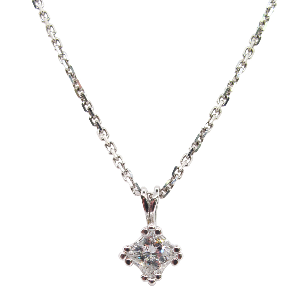 Princess Diamond Solitaire Pendant 0.38 carat and Necklace 14k White Gold