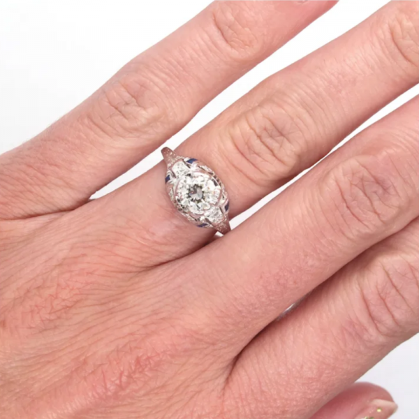 1920's Art Deco Diamond Engagement Ring 1.28 ctw in Platinum on hand