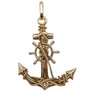 Anchor & Ship Wheel With Rope Pendant 14k Yellow Gold Front