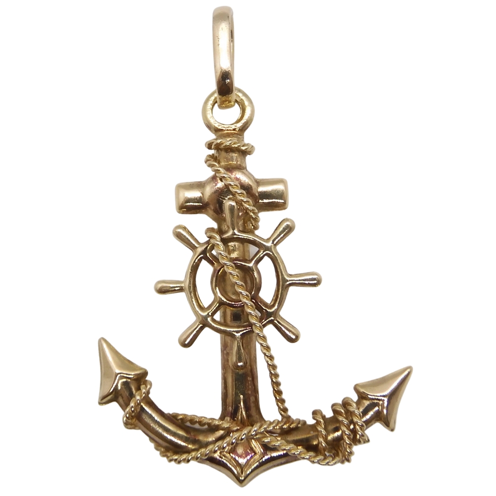 Anchor & Ship Wheel With Rope Pendant 14k Yellow Gold