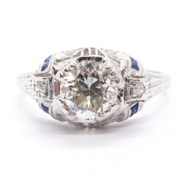 Art Deco Diamond and Sapphire Platinum Engagement Ring