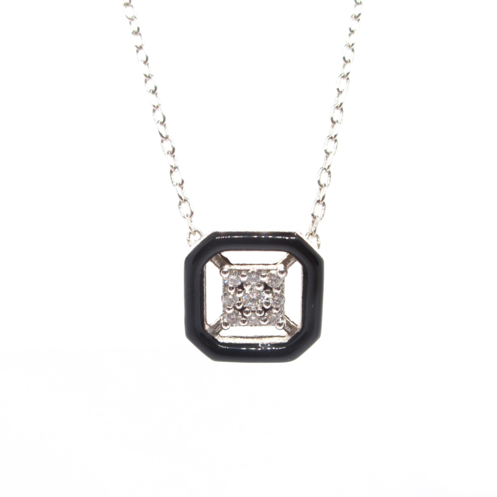 Designer Katerina Marmagioli Deco Black Enamel Diamond Necklace White Gold