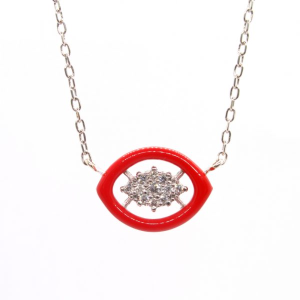 Katerina Marmagioli Groovy Red Enamel Diamond Necklace Closeup