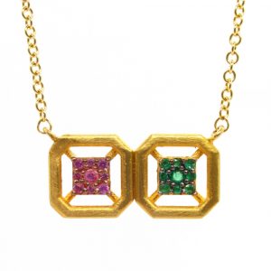 Katerina Marmagioli Omen Double Sapphire Emerald Gold Necklace Closeup