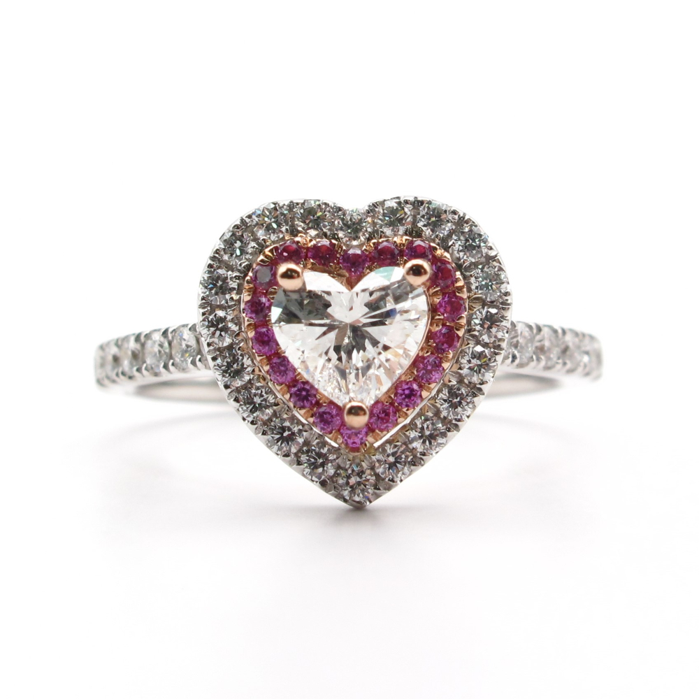 Sweetheart Diamond Halo Engagement Promise Ring with Pink Sapphires 1.02 ctw