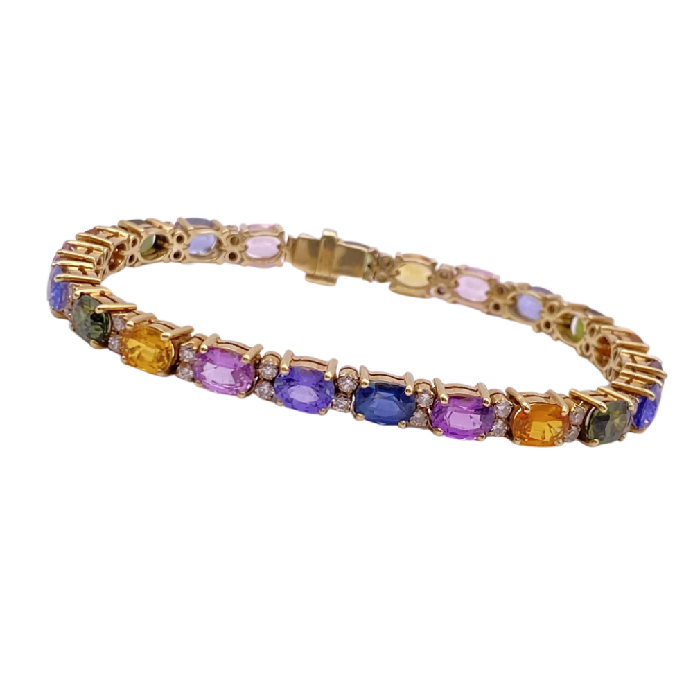 Colorful Sapphire and Diamond Line Bracelet 18K Gold 23.32 Carats